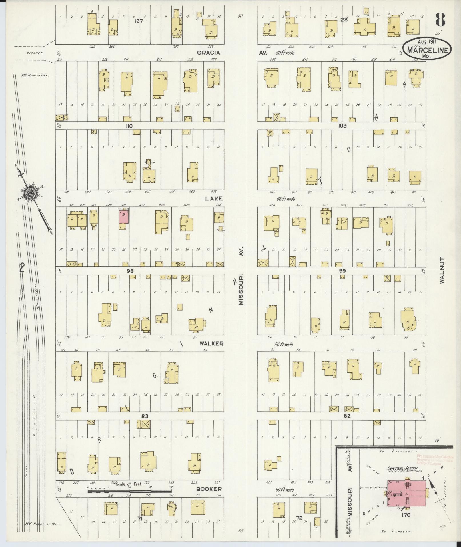 Sanborn Fire Insurance Map from Marceline, Linn County, Missouri (1911), Sheet #0008 - Complete Map Set gallery image, historic Sanborn map, vintage wall art, Missouri Missouri