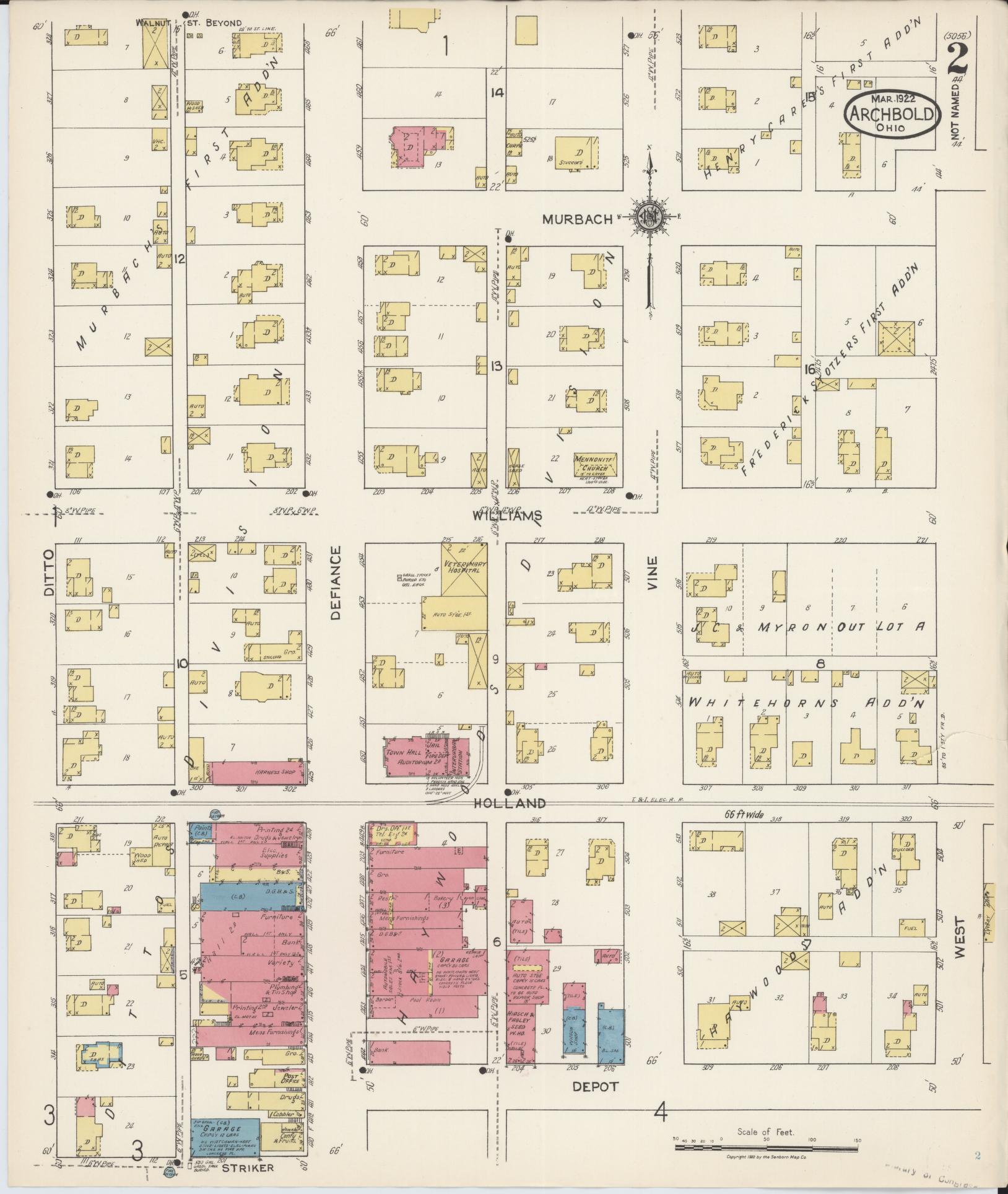 Sanborn Fire Insurance Map from Archbold, Fulton County, Ohio (1922), Sheet #0002 - Historic Sanborn Fire Insurance Map Print, vintage old map wall art, antique decor, genealogy gift, Ohio Ohio map