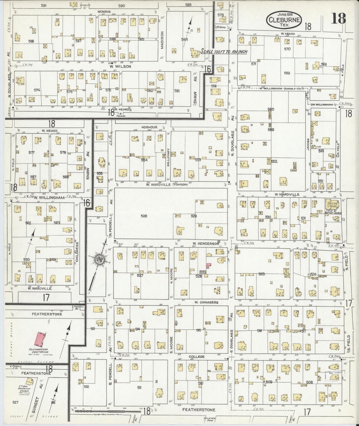 Sanborn Fire Insurance Map from Cleburne, Johnson County, Texas (1918), Sheet #0018 - Historic Sanborn Fire Insurance Map Print, vintage old map wall art, antique decor, genealogy gift, Texas Texas map