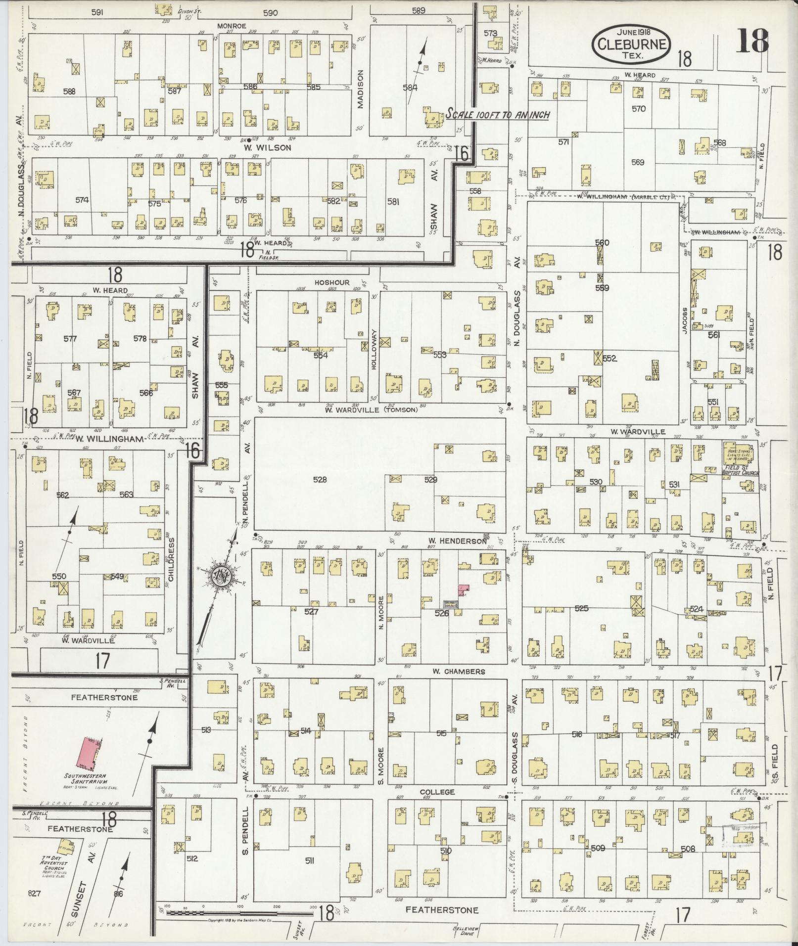 Sanborn Fire Insurance Map from Cleburne, Johnson County, Texas (1918), Sheet #0018 - Historic Sanborn Fire Insurance Map Print, vintage old map wall art, antique decor, genealogy gift, Texas Texas map