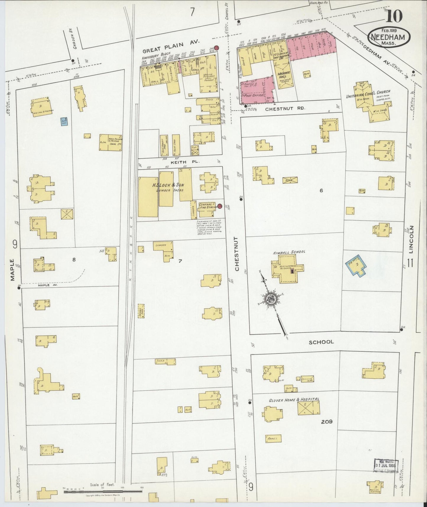 Sanborn Fire Insurance Map from Needham, Norfolk County, Massachusetts (1919), Sheet #0010 - Complete Map Set gallery image, historic Sanborn map, vintage wall art, Massachusetts Massachusetts