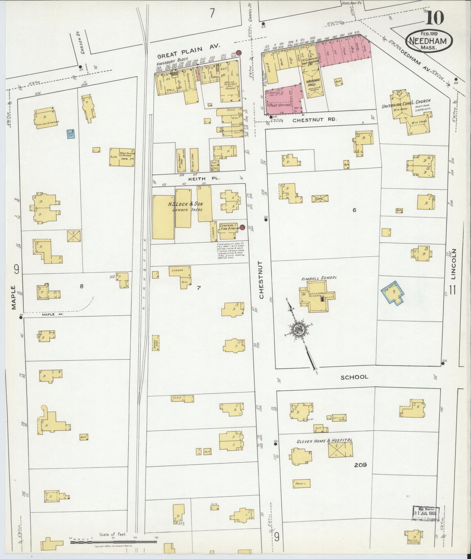 Sanborn Fire Insurance Map from Needham, Norfolk County, Massachusetts (1919), Sheet #0010 - Complete Map Set gallery image, historic Sanborn map, vintage wall art, Massachusetts Massachusetts