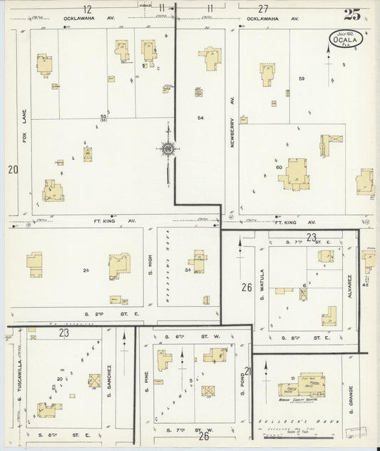 Sanborn Fire Insurance Map from Ocala, Marion County, Florida (1912), Sheet #0025 - Historic Sanborn Fire Insurance Map Print, vintage old map wall art, antique decor, genealogy gift, Florida Florida map