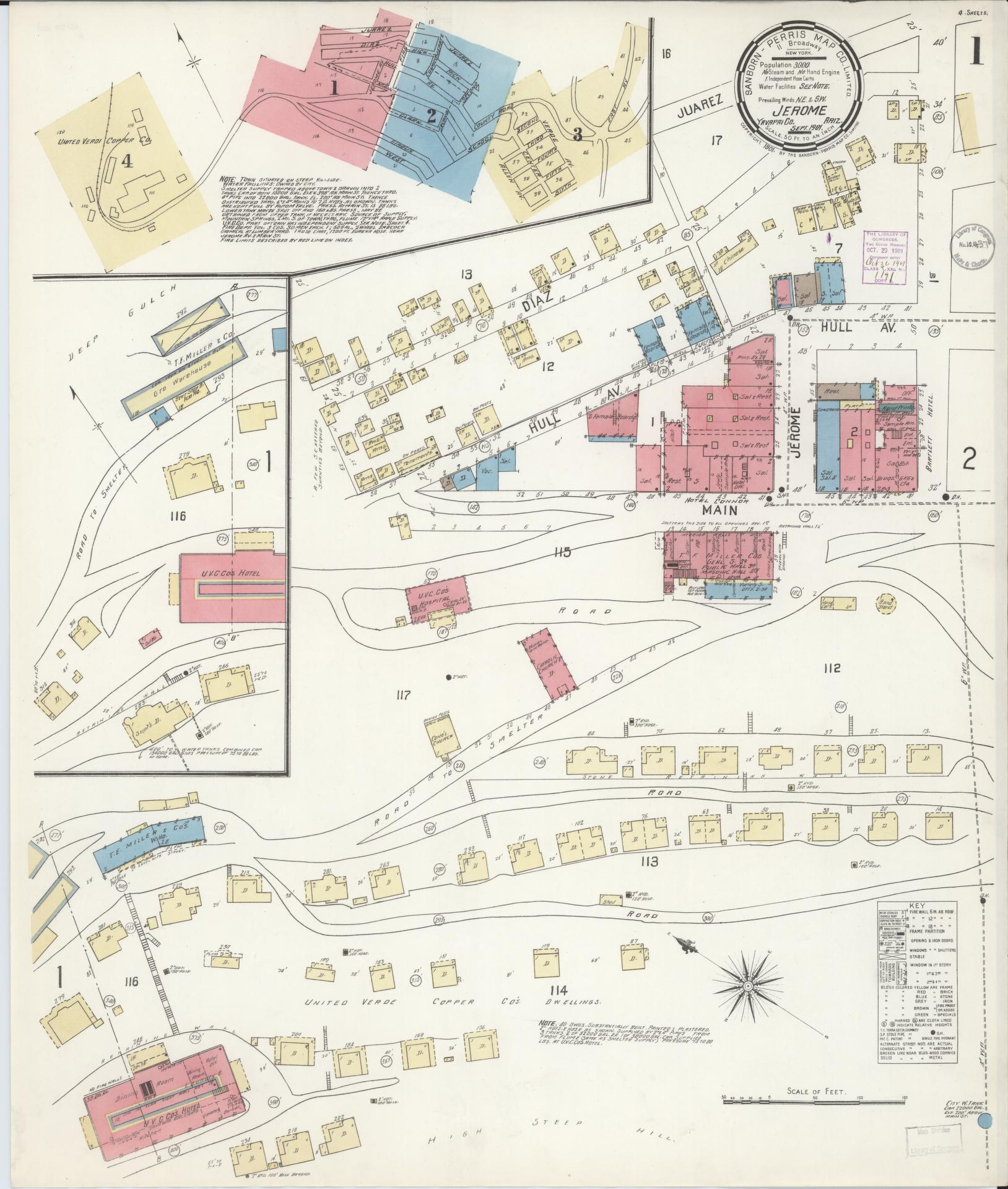 Sanborn Fire Insurance Map from Jerome, Yavapai County, Arizona (1901), Sheet #0001 - Historic Sanborn Fire Insurance Map Print, vintage old map wall art, antique decor, genealogy gift, Arizona Arizona map