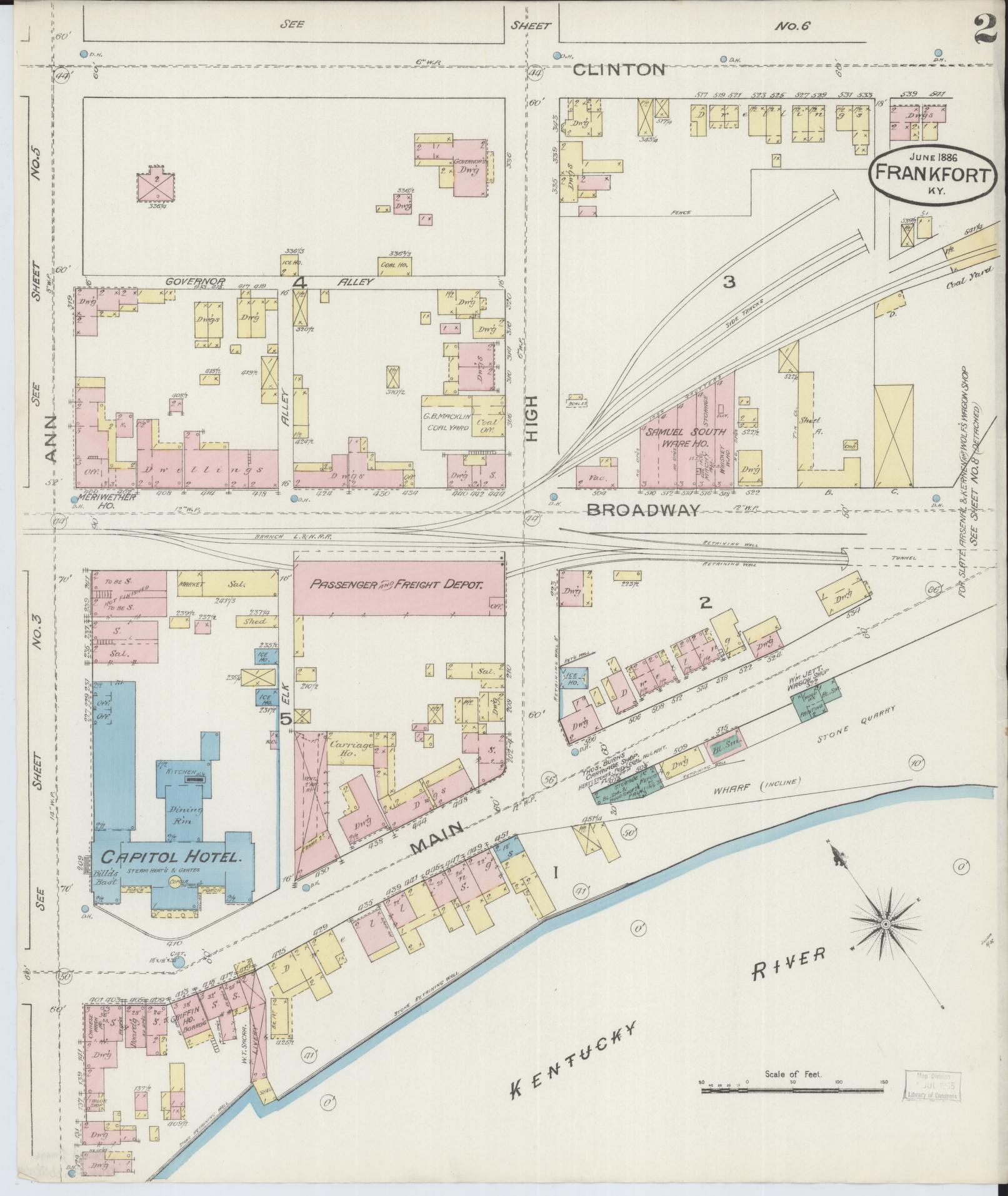 Sanborn Fire Insurance Map from Frankfort, Franklin County, Kentucky (1886), Sheet #0002 - Complete Map Set gallery image, historic Sanborn map, vintage wall art, Kentucky Kentucky