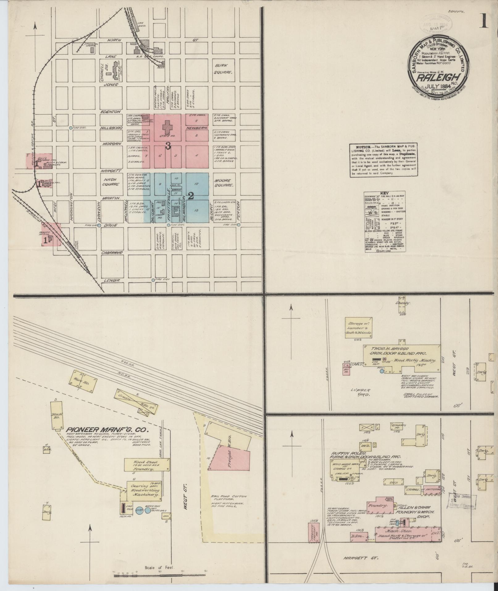 Sanborn Fire Insurance Map from Raleigh, Wake County, North Carolina (1884), Sheet #0001 - Historic Sanborn Fire Insurance Map Print, vintage old map wall art, antique decor, genealogy gift, North Carolina North Carolina map