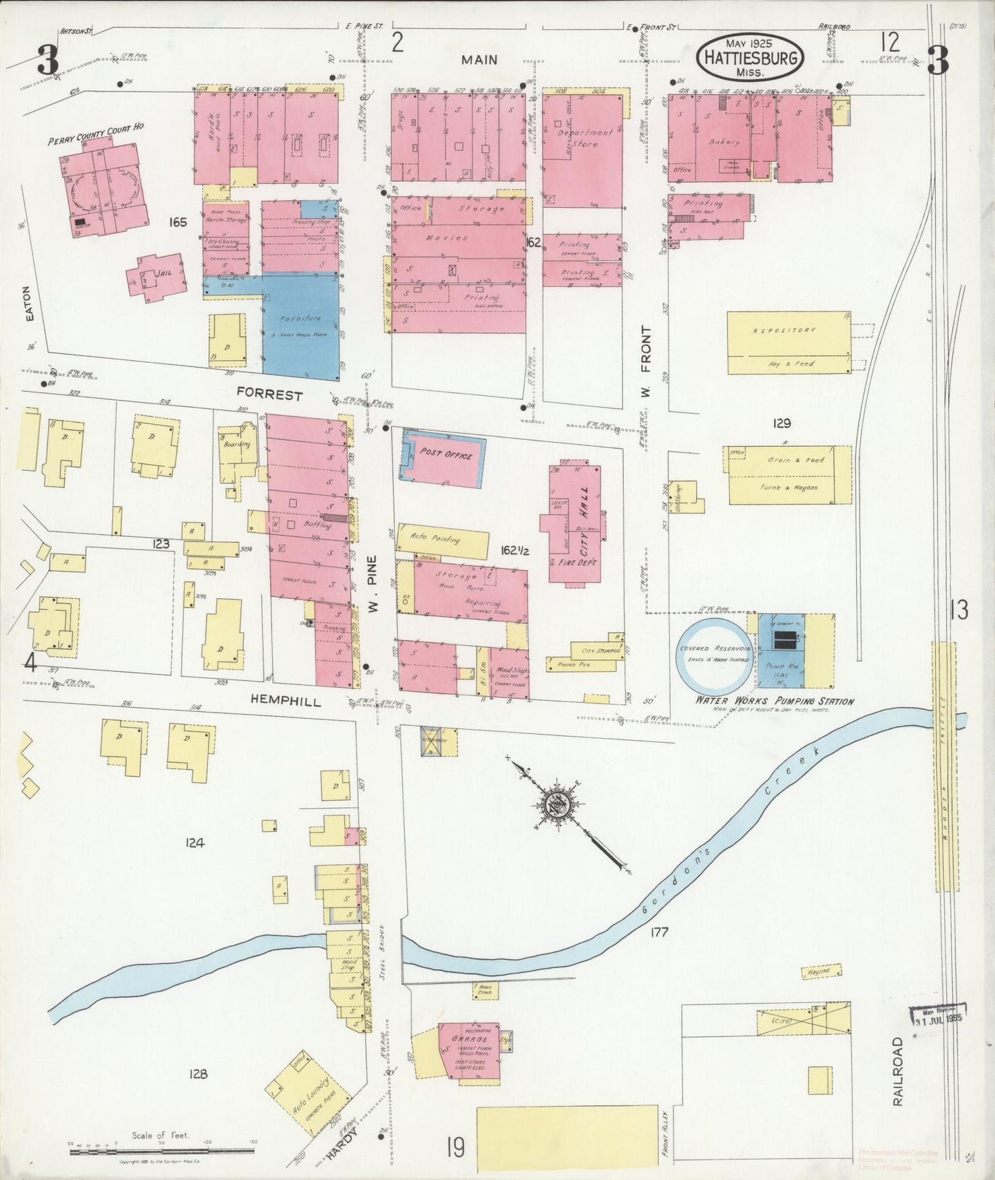Sanborn Fire Insurance Map from Hattiesburg, Forrest County, Mississippi (1925), Sheet #0003 - Complete Map Set gallery image, historic Sanborn map, vintage wall art, Mississippi Mississippi