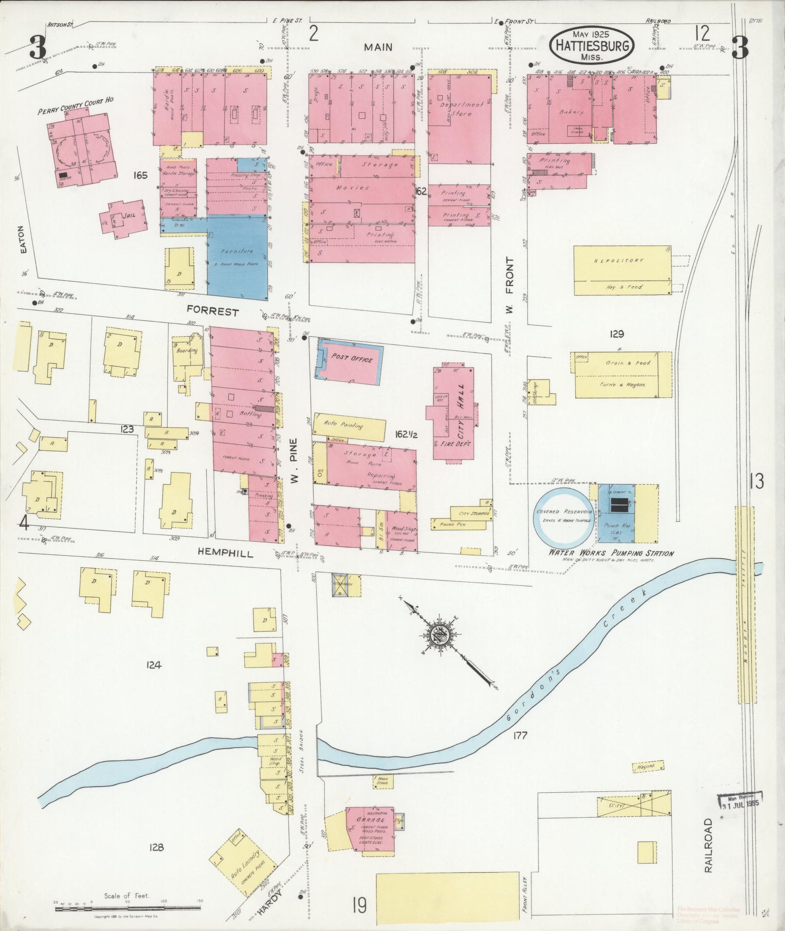 Sanborn Fire Insurance Map from Hattiesburg, Forrest County, Mississippi (1925), Sheet #0003 - Complete Map Set gallery image, historic Sanborn map, vintage wall art, Mississippi Mississippi