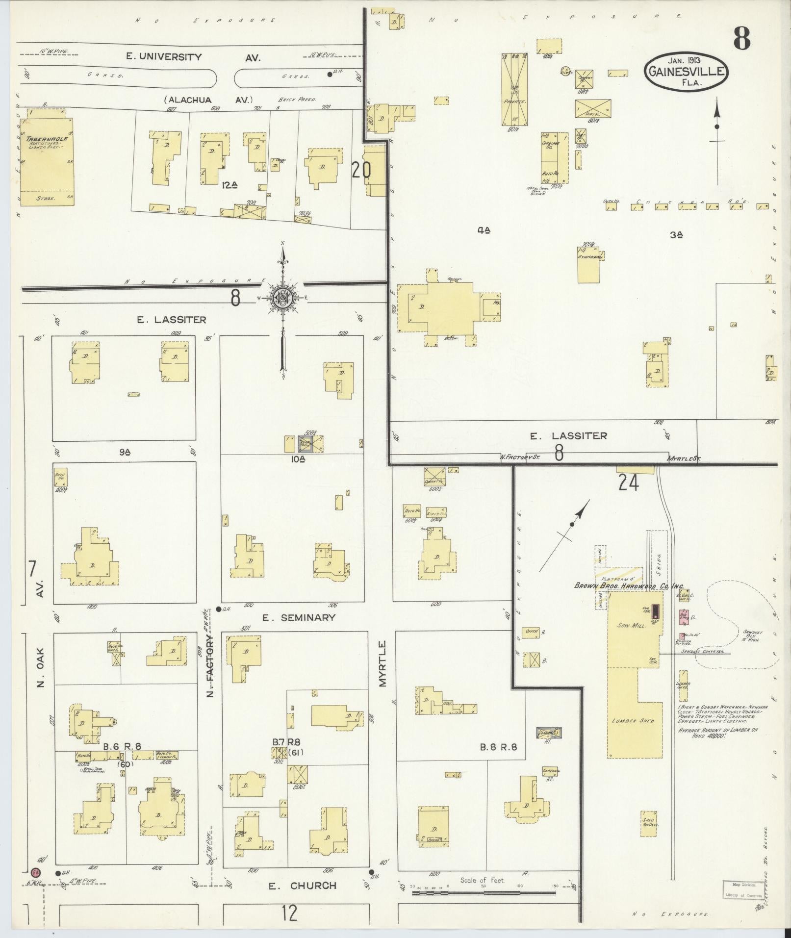 Sanborn Fire Insurance Map from Gainesville, Alachua County, Florida (1913), Sheet #0008 - Historic Sanborn Fire Insurance Map Print, vintage old map wall art, antique decor, genealogy gift, Florida Florida map