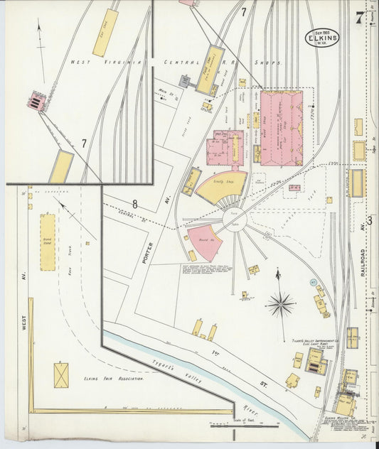 Sanborn Fire Insurance Map from Elkins, Randolph County, West Virginia (1905), Sheet #0007 - Historic Sanborn Fire Insurance Map Print, vintage old map wall art, antique decor, genealogy gift, West Virginia West Virginia map