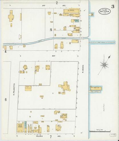 Sanborn Fire Insurance Map from Daytona, Volusia County, Florida (1906), Sheet #0003 - Historic Sanborn Fire Insurance Map Print, vintage old map wall art, antique decor, genealogy gift, Florida Florida map