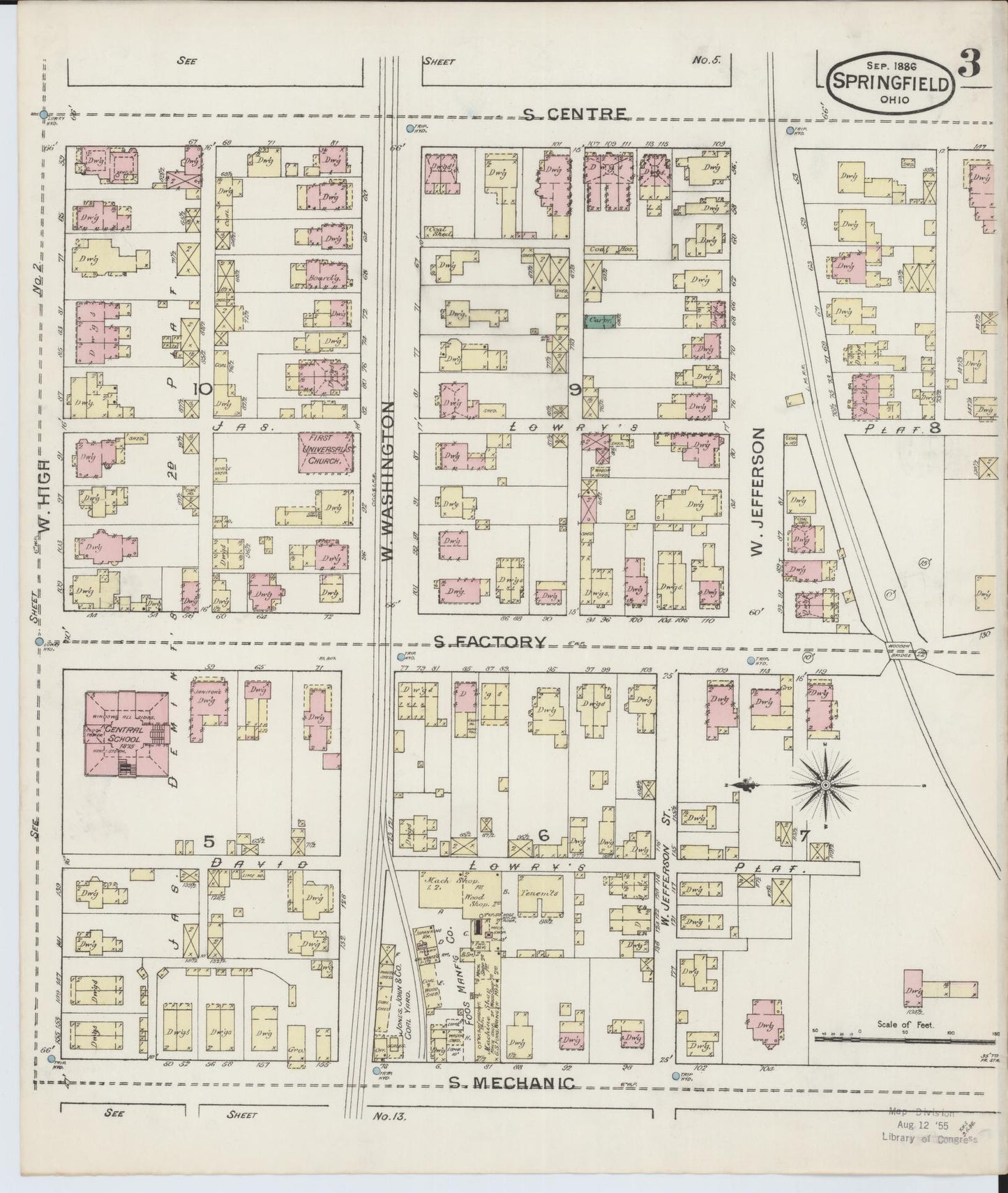 Sanborn Fire Insurance Map from Springfield, Clark County, Ohio (1886), Sheet #0003 - Historic Sanborn Fire Insurance Map Print, vintage old map wall art, antique decor, genealogy gift, Ohio Ohio map