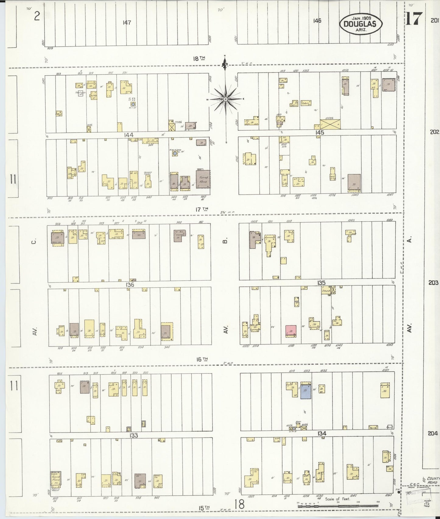 Sanborn Fire Insurance Map from Douglas, Cochise County, Arizona (1909), Sheet #0017 - Complete Map Set gallery image, historic Sanborn map, vintage wall art, Arizona Arizona