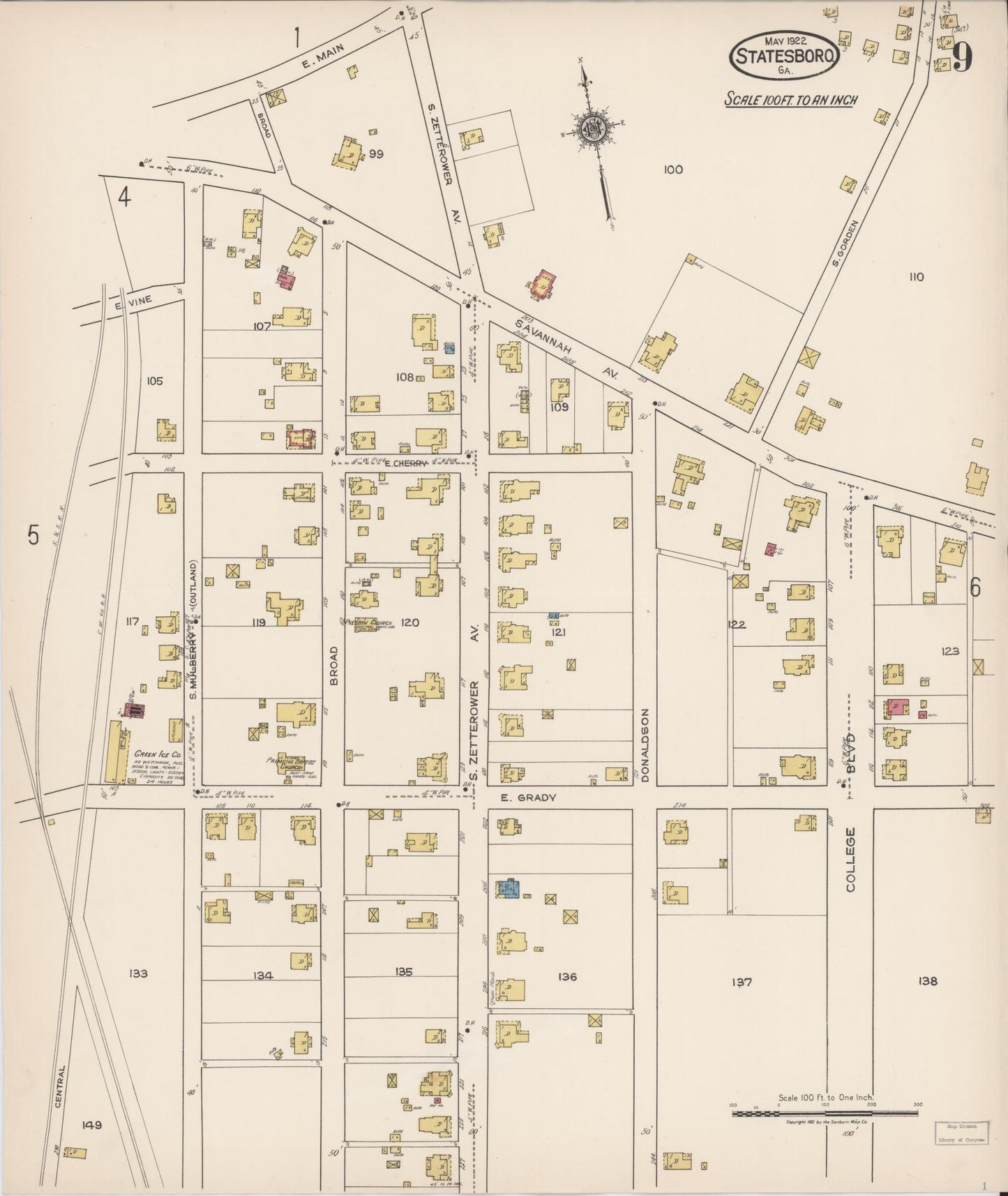 Sanborn Fire Insurance Map from Statesboro, Bulloch County, Georgia (1922), Sheet #0009 - Complete Map Set gallery image, historic Sanborn map, vintage wall art, Georgia Georgia