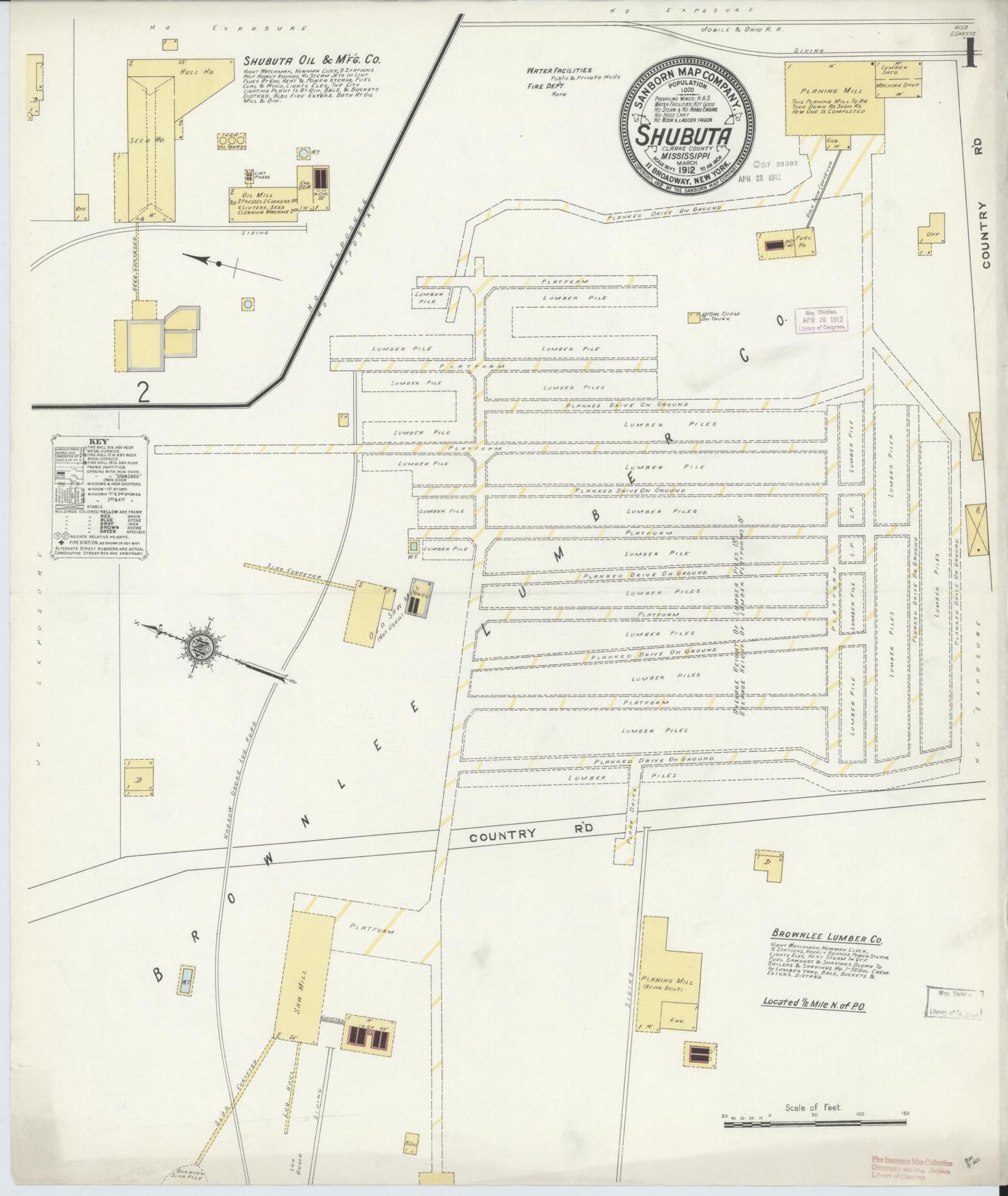 Sanborn Fire Insurance Map from Shubuta, Clarke County, Mississippi (1912), Sheet #0001 - Historic Sanborn Fire Insurance Map Print, vintage old map wall art, antique decor, genealogy gift, Mississippi Mississippi map