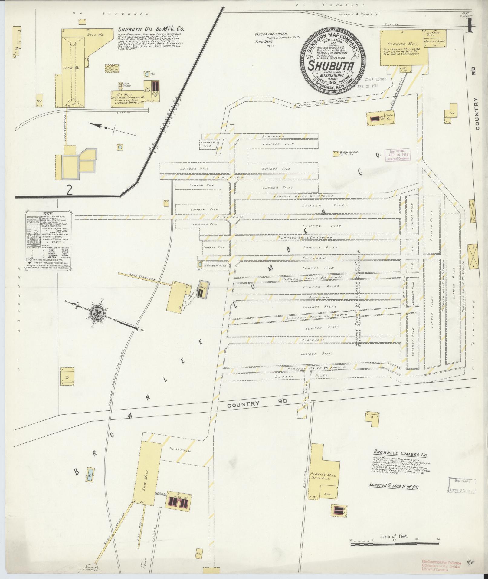 Sanborn Fire Insurance Map from Shubuta, Clarke County, Mississippi (1912), Sheet #0001 - Historic Sanborn Fire Insurance Map Print, vintage old map wall art, antique decor, genealogy gift, Mississippi Mississippi map