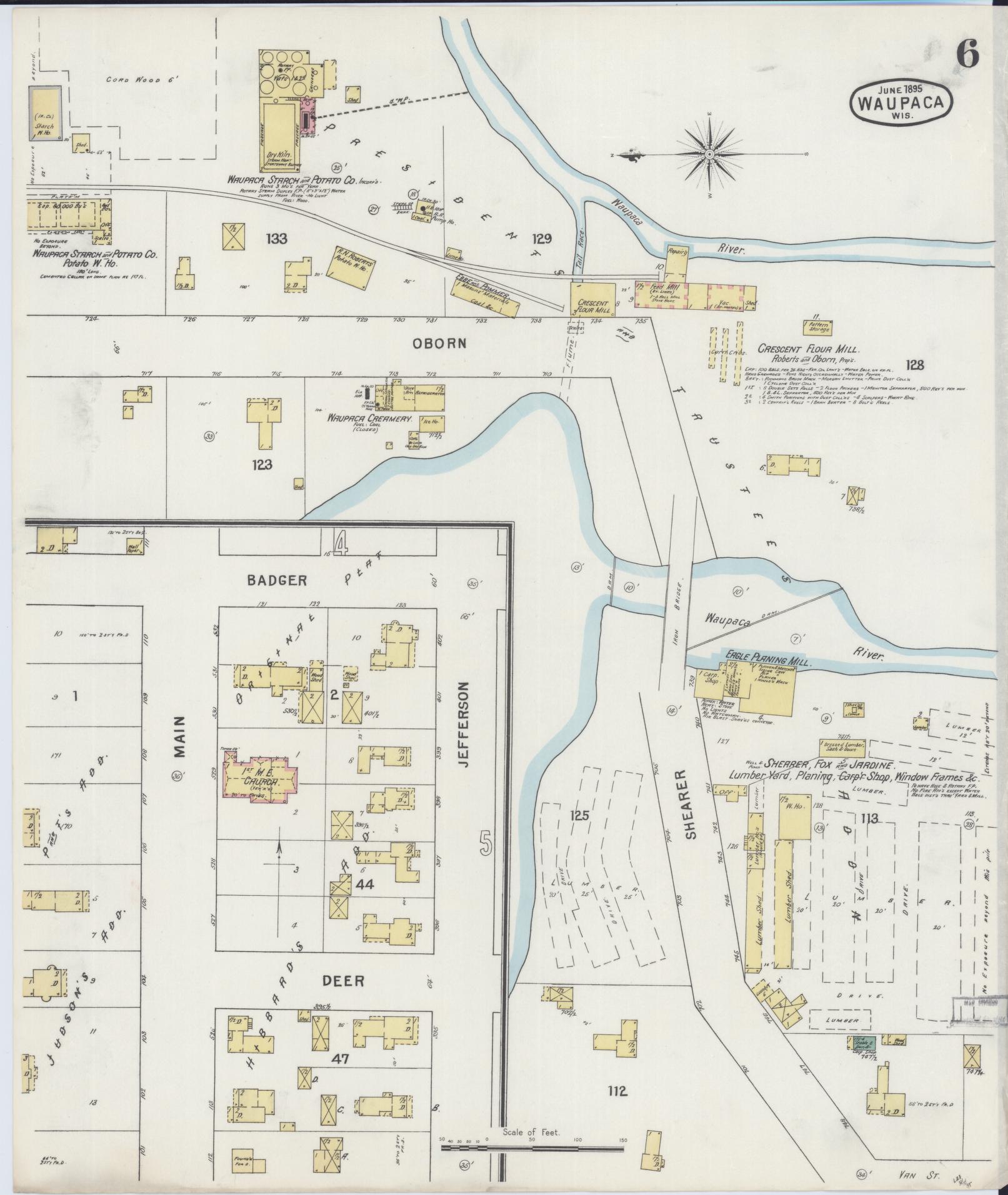 Sanborn Fire Insurance Map from Waupaca, Waupaca County, Wisconsin (1895), Sheet #0006 - Historic Sanborn Fire Insurance Map Print, vintage old map wall art, antique decor, genealogy gift, Wisconsin Wisconsin map