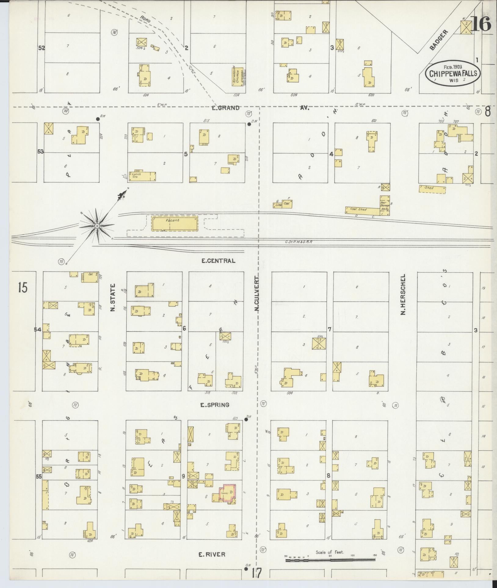 Sanborn Fire Insurance Map from Chippewa Falls, Chippewa County, Wisconsin (1903), Sheet #0016 - Historic Sanborn Fire Insurance Map Print, vintage old map wall art, antique decor, genealogy gift, Wisconsin Wisconsin map