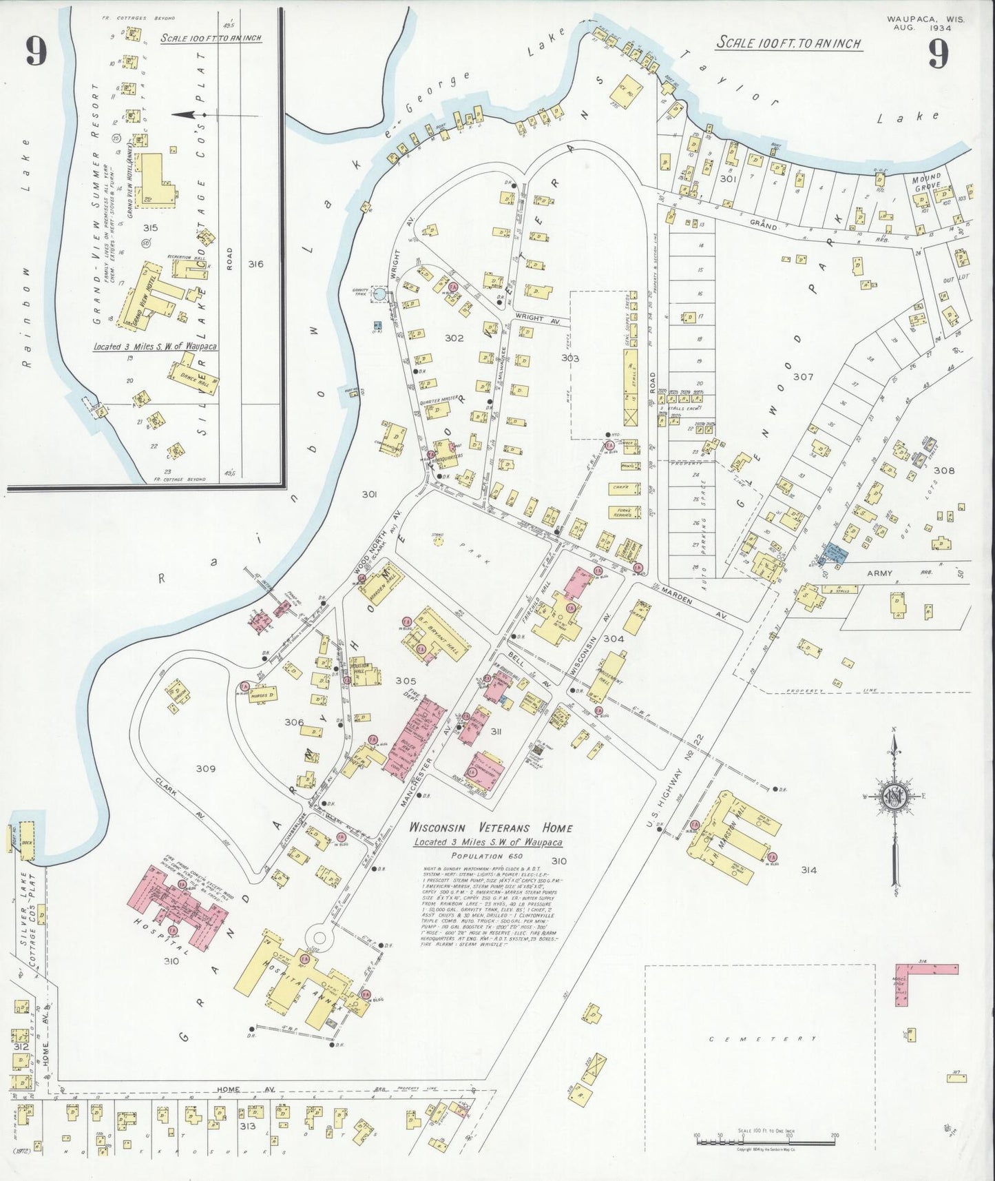Sanborn Fire Insurance Map from Waupaca, Waupaca County, Wisconsin (1934), Sheet #0009 - Historic Sanborn Fire Insurance Map Print, vintage old map wall art, antique decor, genealogy gift, Wisconsin Wisconsin map