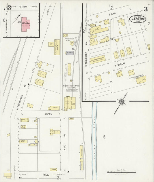 Sanborn Fire Insurance Map from La Follette, Campbell County, Tennessee (1925), Sheet #0003 - Historic Sanborn Fire Insurance Map Print, vintage old map wall art, antique decor, genealogy gift, Tennessee Tennessee map