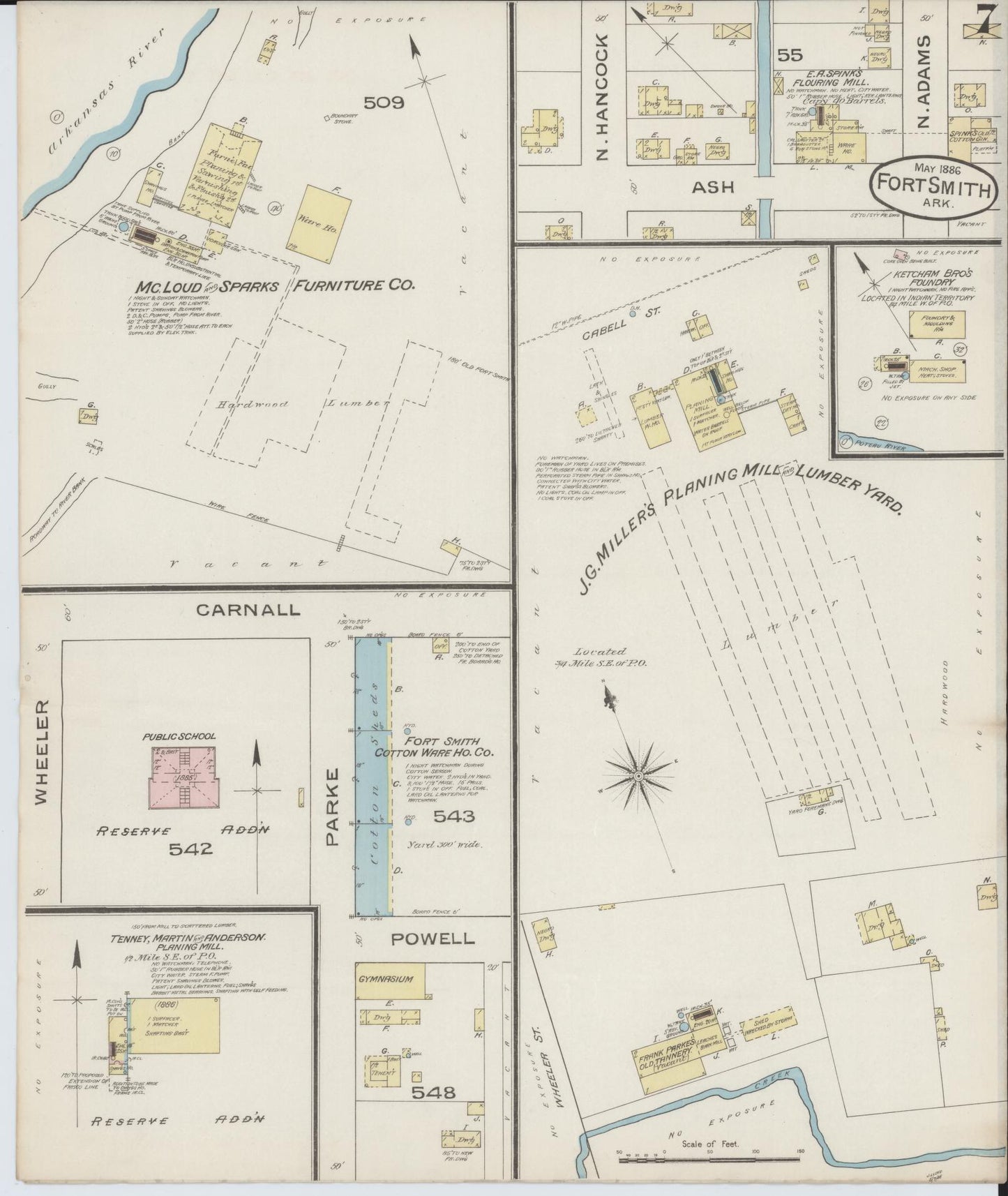 Sanborn Fire Insurance Map from Fort Smith, Sebastian County, Arkansas (1886), Sheet #0007 - Historic Sanborn Fire Insurance Map Print, vintage old map wall art, antique decor, genealogy gift, Arkansas Arkansas map