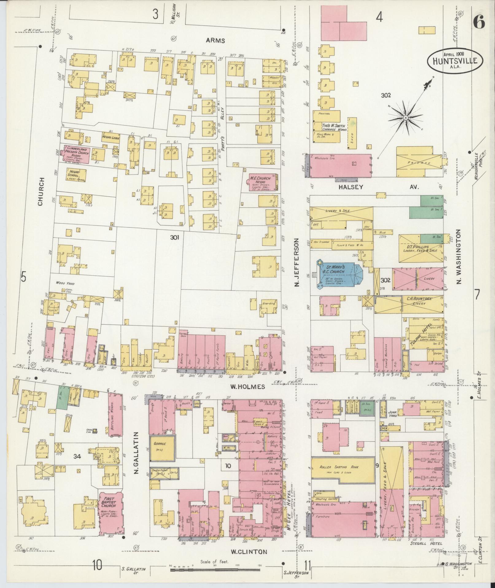 Sanborn Fire Insurance Map from Huntsville, Madison County, Alabama (1908), Sheet #0006 - Complete Map Set gallery image, historic Sanborn map, vintage wall art, Alabama Alabama