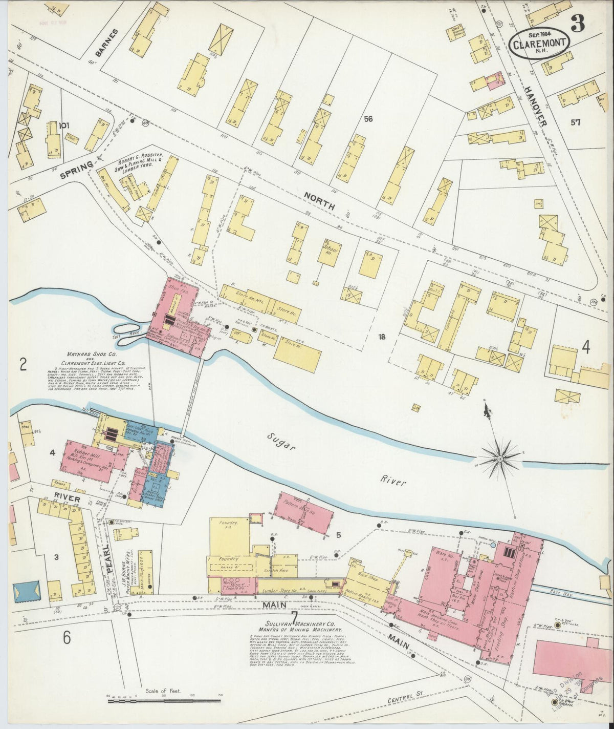 Sanborn Fire Insurance Map from Claremont, Sullivan County, New Hampshire (1904), Sheet #0003 - Historic Sanborn Fire Insurance Map Print, vintage old map wall art, antique decor, genealogy gift, New Hampshire New Hampshire map