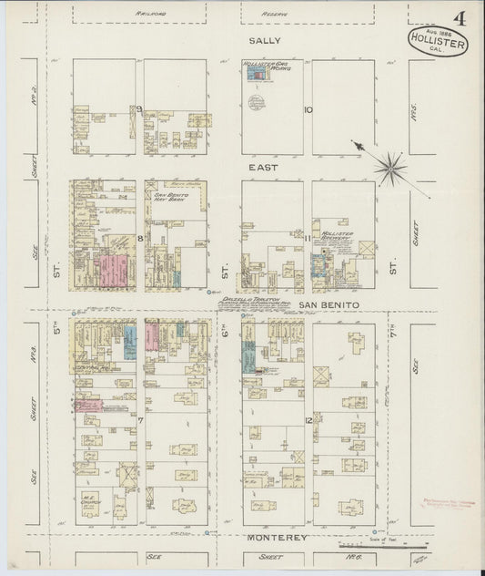 Sanborn Fire Insurance Map from Hollister, San Benito County, California (1886), Sheet #0004 - Historic Sanborn Fire Insurance Map Print, vintage old map wall art, antique decor, genealogy gift, California California map