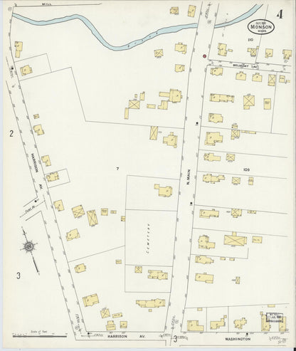 Sanborn Fire Insurance Map from Monson, Hampden County, Massachusetts (1911), Sheet #0004 - Historic Sanborn Fire Insurance Map Print, vintage old map wall art, antique decor, genealogy gift, Massachusetts Massachusetts map