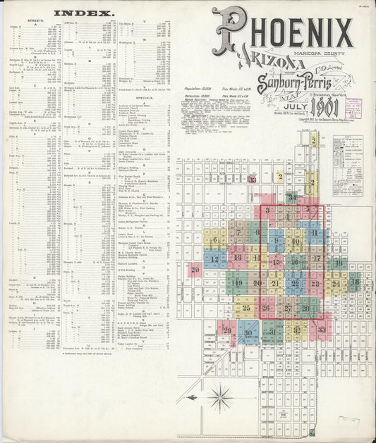 Sanborn Fire Insurance Map from Phoenix, Maricopa County, Arizona (1901), Sheet #0001 - Historic Sanborn Fire Insurance Map Print, vintage old map wall art, antique decor, genealogy gift, Arizona Arizona map