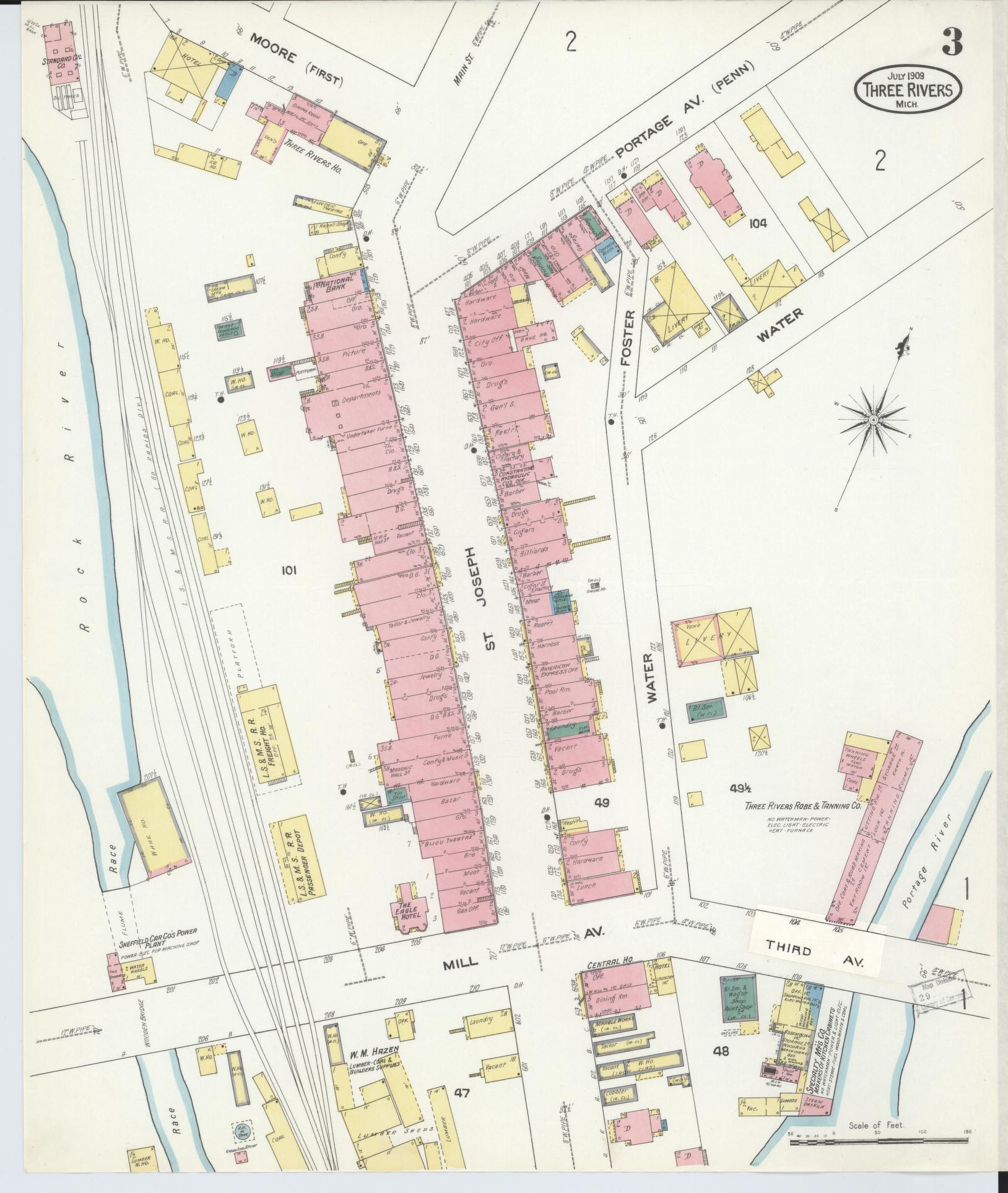 Sanborn Fire Insurance Map from Three Rivers, Saint Joseph County, Michigan (1909), Sheet #0003 - Complete Map Set gallery image, historic Sanborn map, vintage wall art, Michigan Michigan