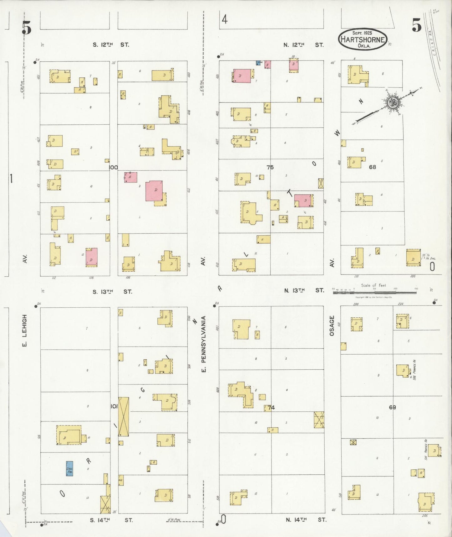Sanborn Fire Insurance Map from Hartshorne, Pittsburg County, Oklahoma (1925), Sheet #0005 - Historic Sanborn Fire Insurance Map Print, vintage old map wall art, antique decor, genealogy gift, Oklahoma Oklahoma map