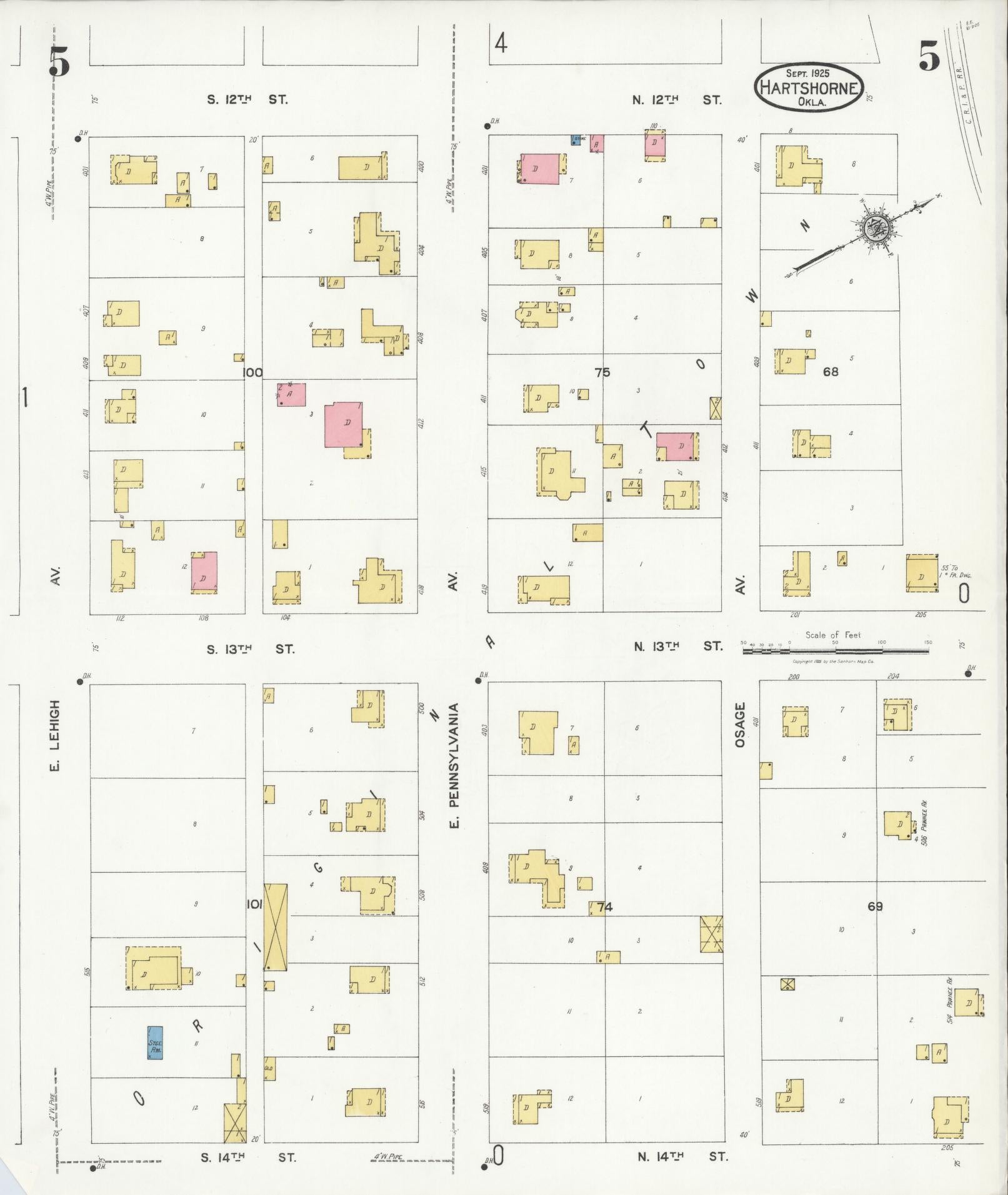 Sanborn Fire Insurance Map from Hartshorne, Pittsburg County, Oklahoma (1925), Sheet #0005 - Historic Sanborn Fire Insurance Map Print, vintage old map wall art, antique decor, genealogy gift, Oklahoma Oklahoma map