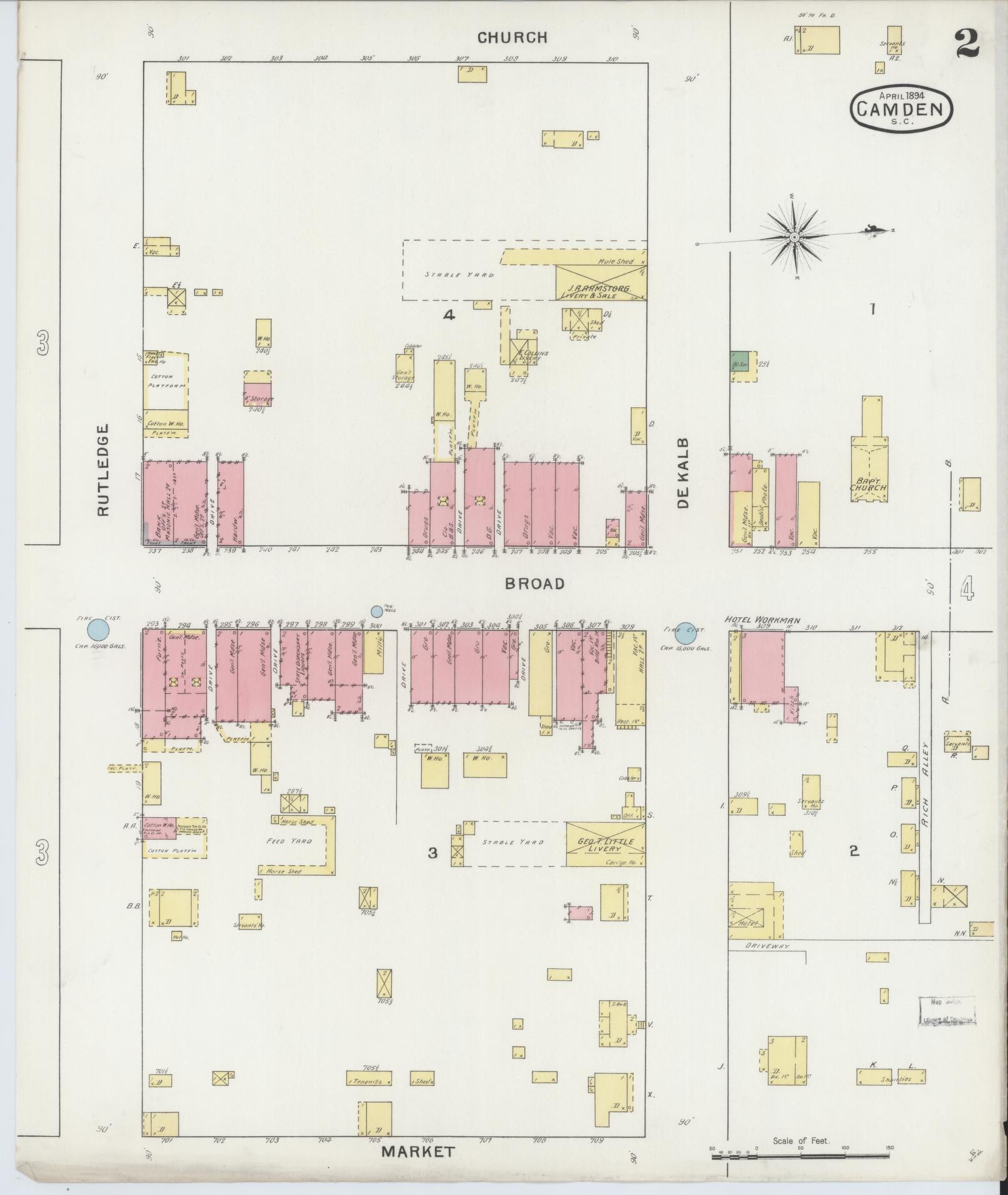 Sanborn Fire Insurance Map from Camden, Kershaw County, South Carolina (1894), Sheet #0002 - Complete Map Set gallery image, historic Sanborn map, vintage wall art, South Carolina South Carolina