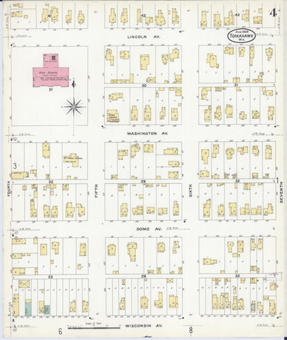 Sanborn Fire Insurance Map from Tomahawk, Lincoln County, Wisconsin (1908), Sheet #0004 - Historic Sanborn Fire Insurance Map Print, vintage old map wall art, antique decor, genealogy gift, Wisconsin Wisconsin map