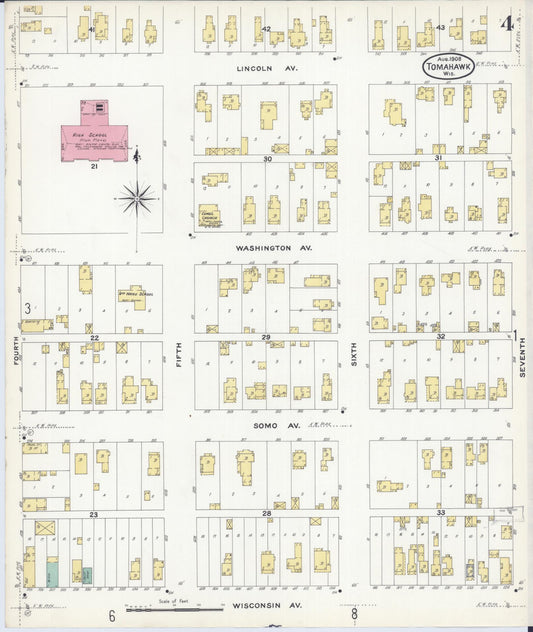 Sanborn Fire Insurance Map from Tomahawk, Lincoln County, Wisconsin (1908), Sheet #0004 - Historic Sanborn Fire Insurance Map Print, vintage old map wall art, antique decor, genealogy gift, Wisconsin Wisconsin map