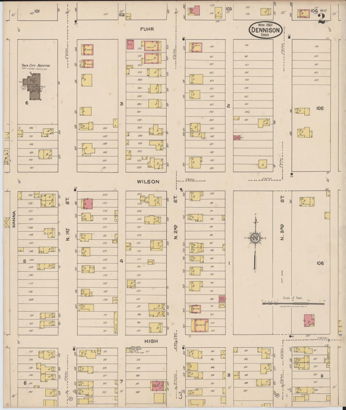 Sanborn Fire Insurance Map from Dennison, Tuscarawas County, Ohio (1921), Sheet #0002 - Historic Sanborn Fire Insurance Map Print, vintage old map wall art, antique decor, genealogy gift, Ohio Ohio map
