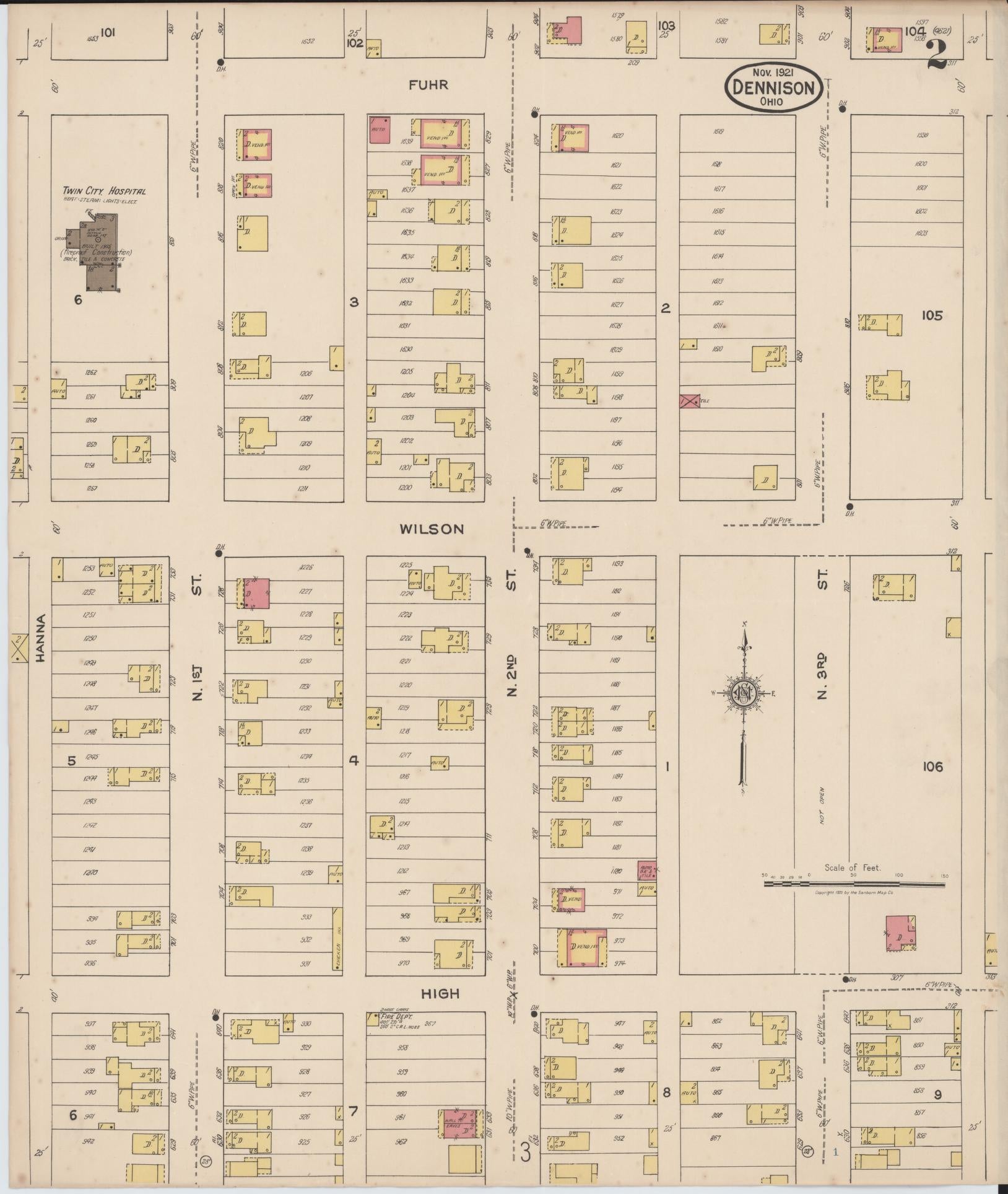 Sanborn Fire Insurance Map from Dennison, Tuscarawas County, Ohio (1921), Sheet #0002 - Historic Sanborn Fire Insurance Map Print, vintage old map wall art, antique decor, genealogy gift, Ohio Ohio map