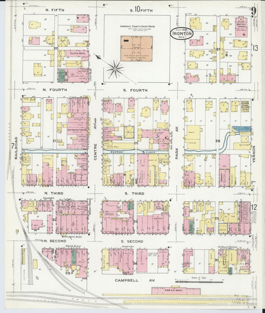 Sanborn Fire Insurance Map from Ironton, Lawrence County, Ohio (1909), Sheet #0009 - Historic Sanborn Fire Insurance Map Print, vintage old map wall art, antique decor, genealogy gift, Ohio Ohio map