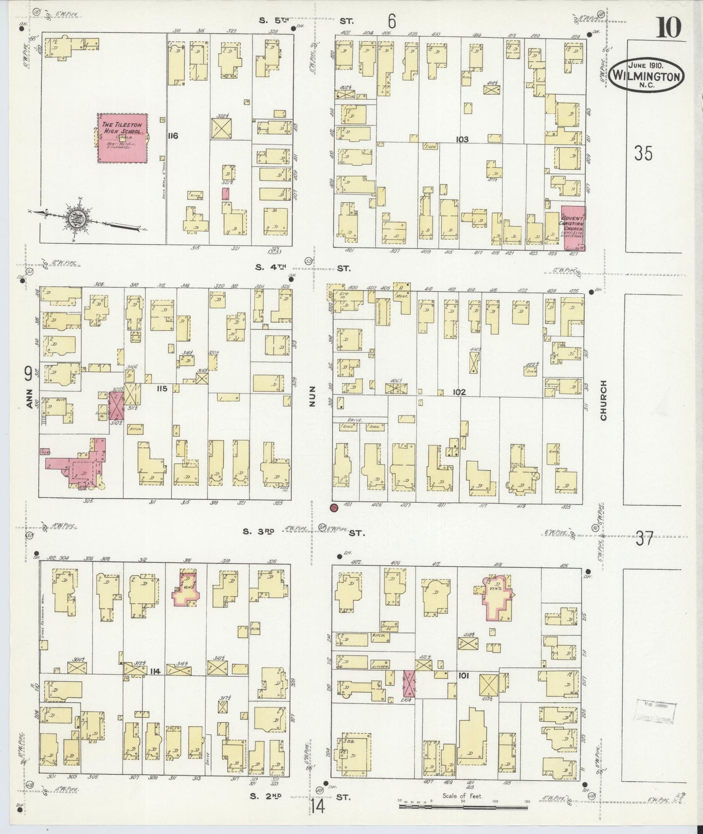 Sanborn Fire Insurance Map from Wilmington, New Hanover County, North Carolina (1910), Sheet #0010 - Historic Sanborn Fire Insurance Map Print, vintage old map wall art, antique decor, genealogy gift, North Carolina North Carolina map