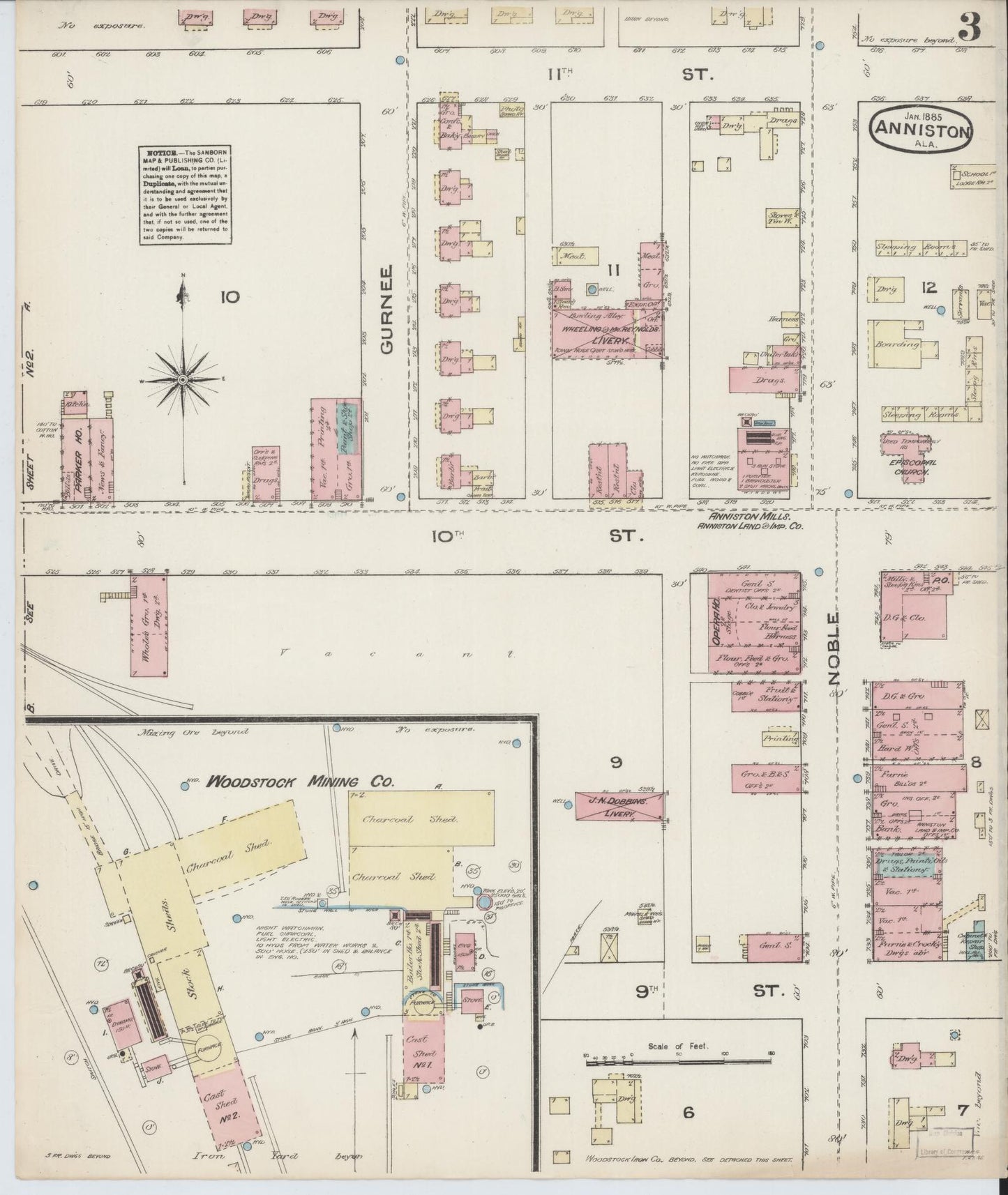 Sanborn Fire Insurance Map from Anniston, Calhoun County, Alabama (1885), Sheet #0003 - Historic Sanborn Fire Insurance Map Print, vintage old map wall art, antique decor, genealogy gift, Alabama Alabama map