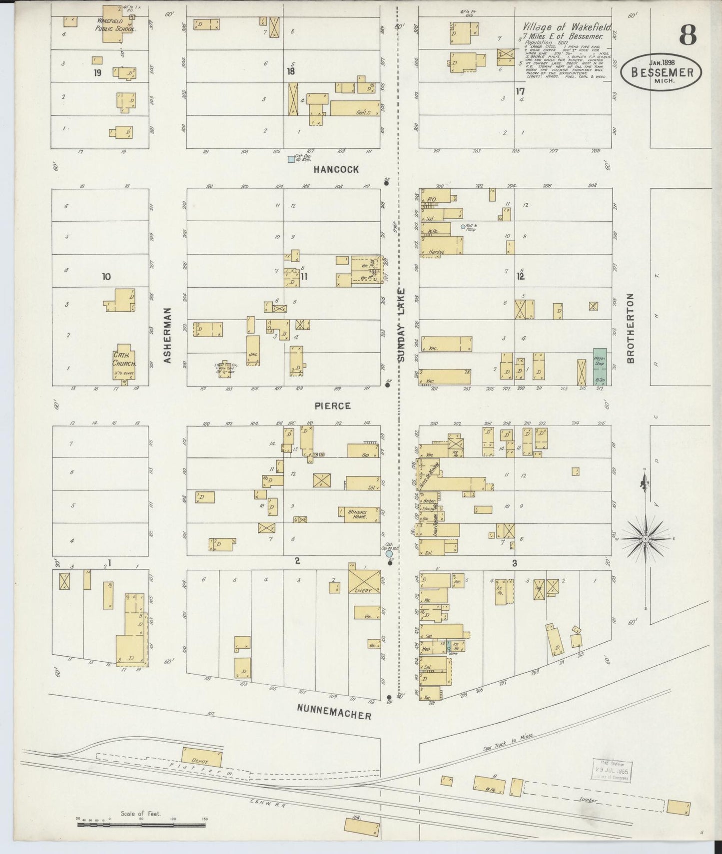 Sanborn Fire Insurance Map from Bessemer, Gogebic County, Michigan (1898), Sheet #0008 - Complete Map Set gallery image, historic Sanborn map, vintage wall art, Michigan Michigan
