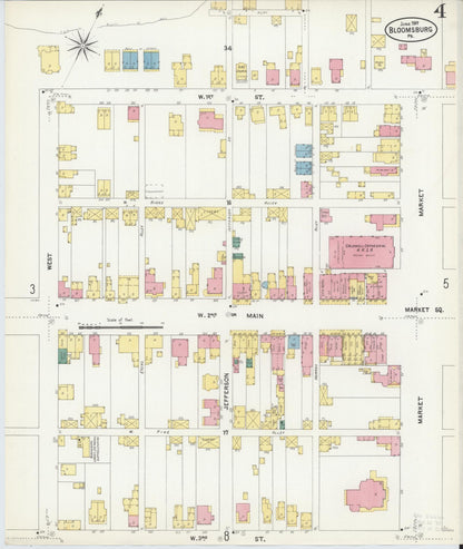 Sanborn Fire Insurance Map from Bloomsburg, Columbia County, Pennsylvania (1907), Sheet #0004 - Historic Sanborn Fire Insurance Map Print, vintage old map wall art, antique decor, genealogy gift, Pennsylvania Pennsylvania map