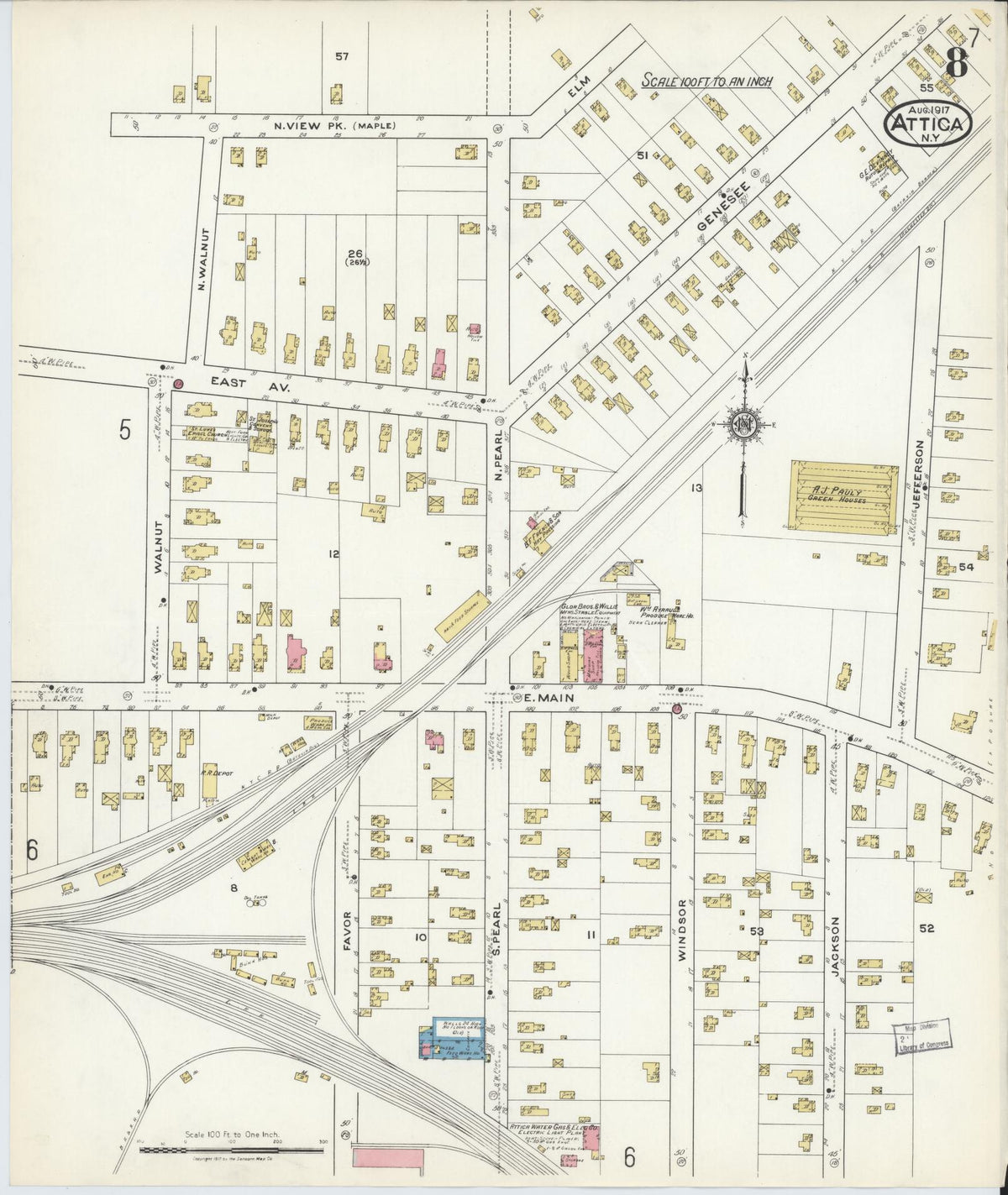 Sanborn Fire Insurance Map from Attica, Wyoming County, New York (1917), Sheet #0008 - Historic Sanborn Fire Insurance Map Print, vintage old map wall art, antique decor, genealogy gift, Attica Wyoming map