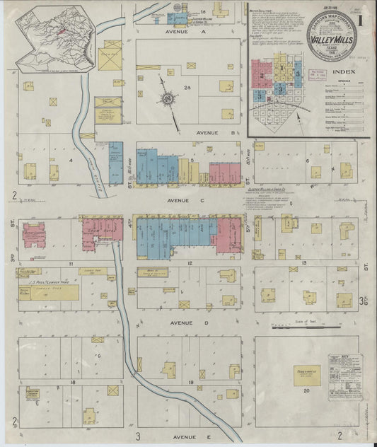 Sanborn Fire Insurance Map from Valley Mills, Bosque County, Texas (1915), Sheet #0001 - Historic Sanborn Fire Insurance Map Print, vintage old map wall art, antique decor, genealogy gift, Texas Texas map