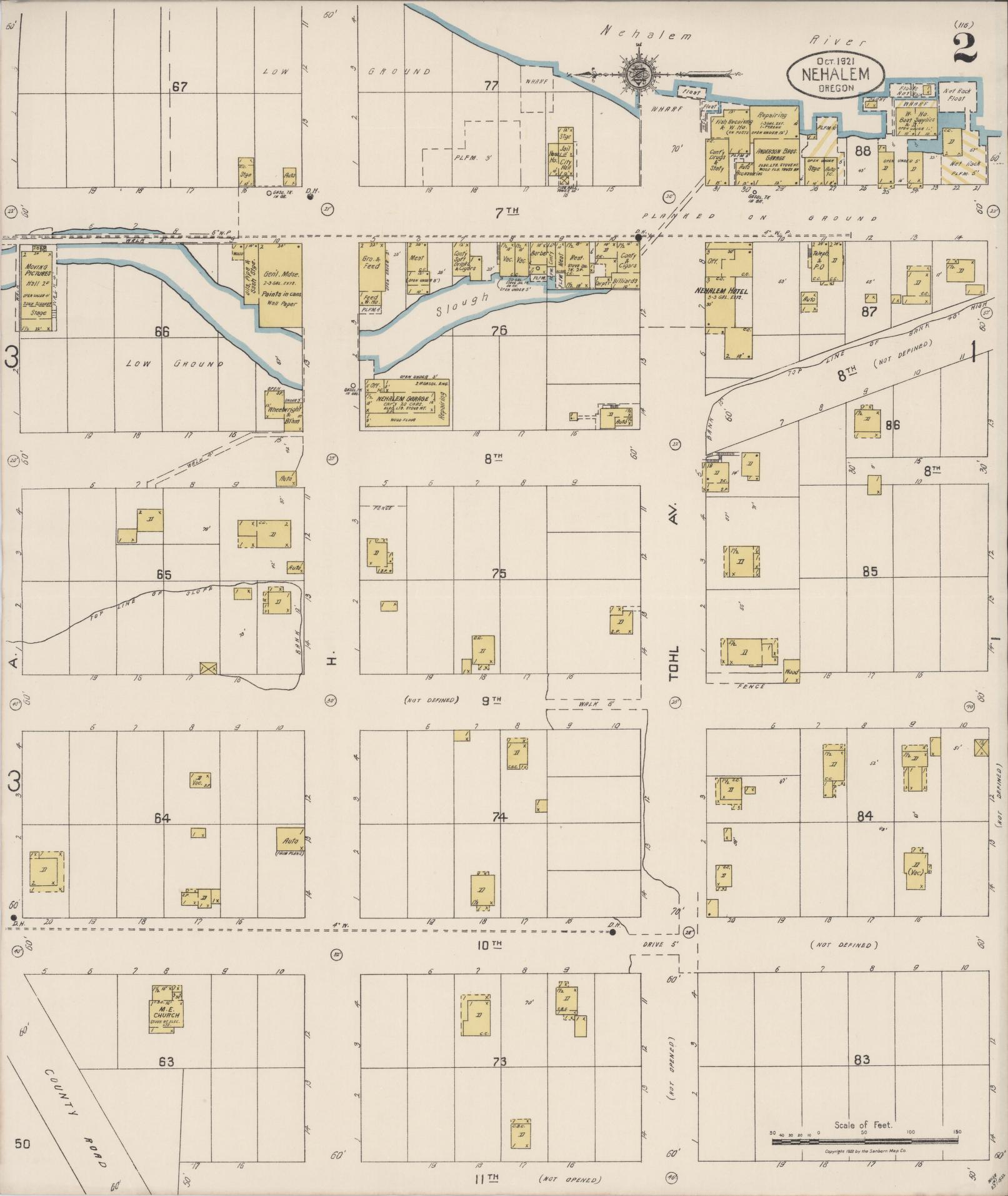 Sanborn Fire Insurance Map from Nehalem, Tillamook County, Oregon (1921), Sheet #0002 - Complete Map Set gallery image, historic Sanborn map, vintage wall art, Oregon Oregon