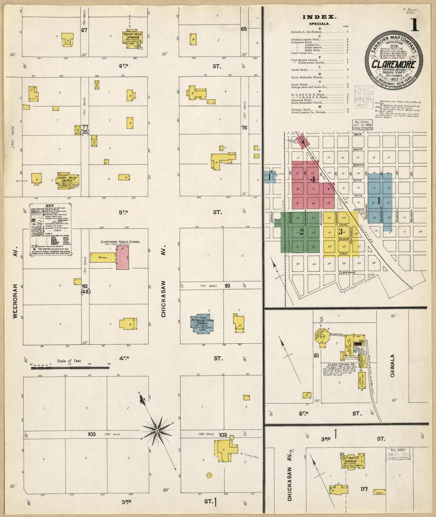 Sanborn Fire Insurance Map from Claremore, Rogers County, Oklahoma (1903), Sheet #0001 - Historic Sanborn Fire Insurance Map Print, vintage old map wall art, antique decor, genealogy gift, Oklahoma Oklahoma map