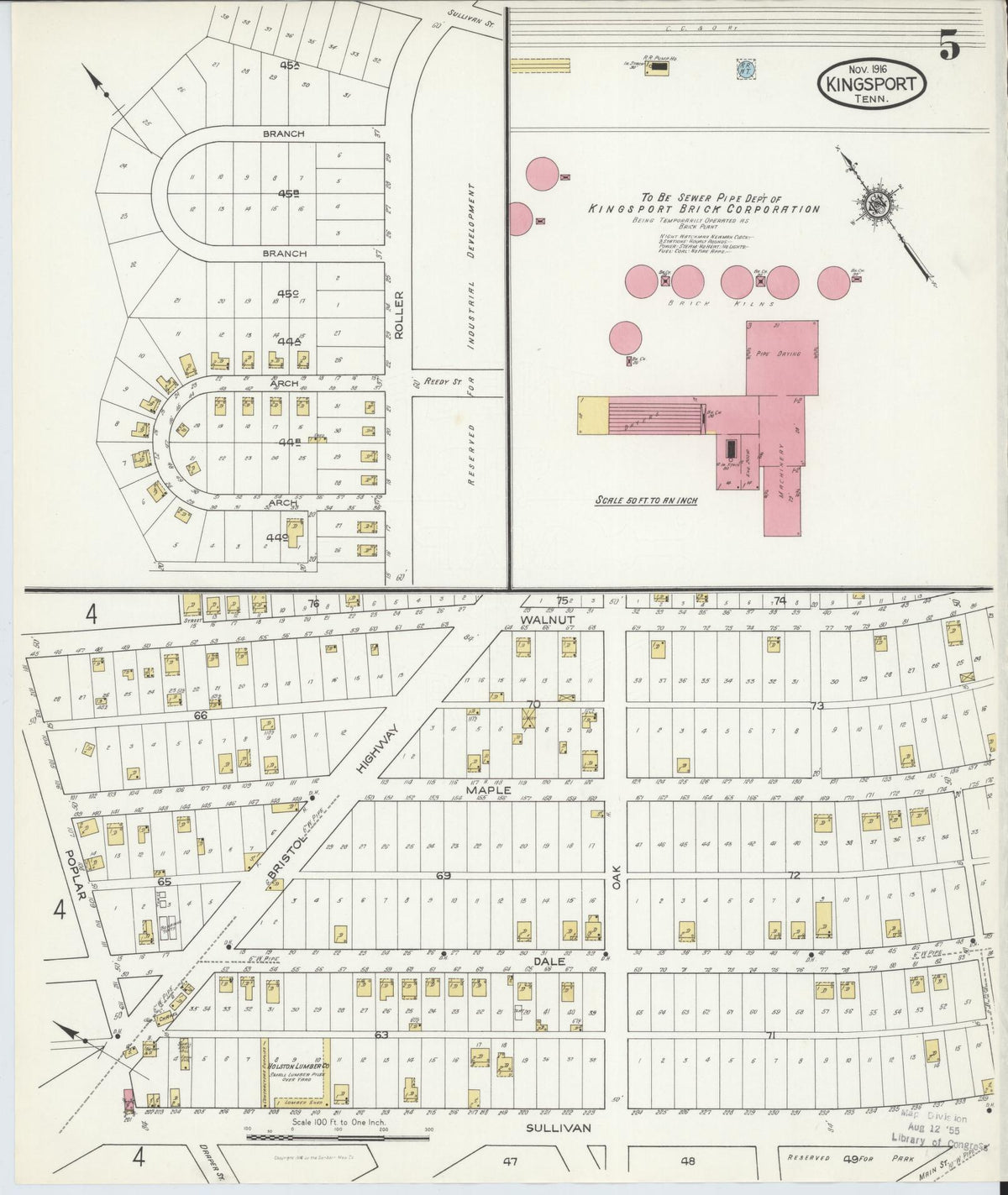 Sanborn Fire Insurance Map from Kingsport, Sullivan County, Tennessee (1916), Sheet #0005 - Historic Sanborn Fire Insurance Map Print, vintage old map wall art, antique decor, genealogy gift, Tennessee Tennessee map