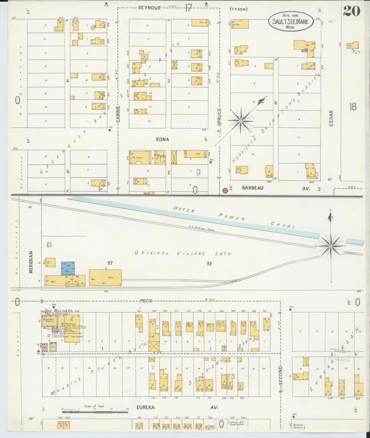 Sanborn Fire Insurance Map from Sault Sainte Marie, Chippewa County, Michigan (1906), Sheet #0020 - Historic Sanborn Fire Insurance Map Print, vintage old map wall art, antique decor, genealogy gift, Michigan Michigan map