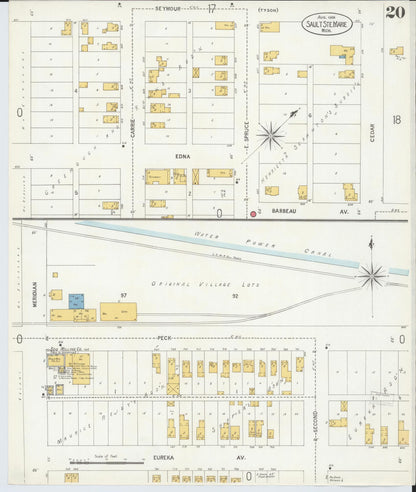Sanborn Fire Insurance Map from Sault Sainte Marie, Chippewa County, Michigan (1906), Sheet #0020 - Historic Sanborn Fire Insurance Map Print, vintage old map wall art, antique decor, genealogy gift, Michigan Michigan map